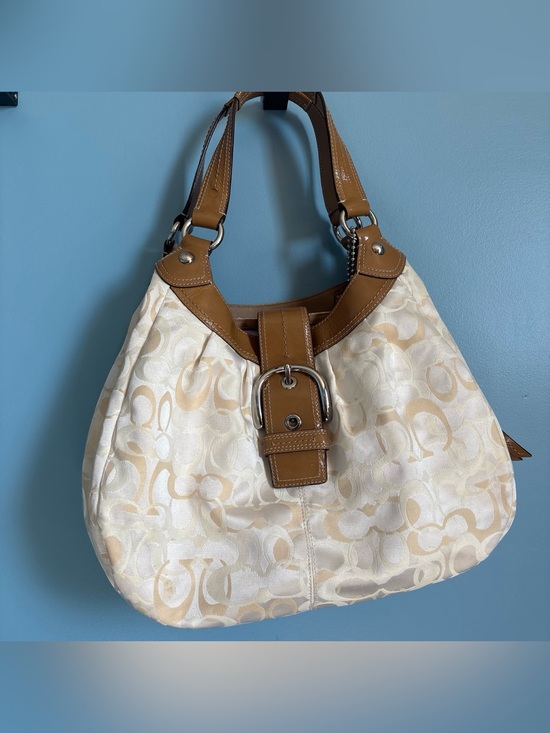 Coach Handbags - Coach Cream Signature Canvas Shoulder Bag with Tan Leather Trim